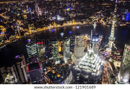 Shanghai skyline at night from on top of the World Financial Center in Pudong