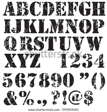 Grunge Full Alphabet And Numbers In Black Isolated On White. Stamp ...