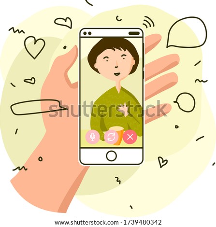 Talking with a woman on your smartphone. Video call on the phone with loved ones. Colourful vector flat illustration in cartoon style with speech bubbles and icons. Social distancing.