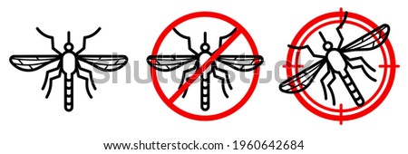 Anti mosquito vector line icon set. Editable stroke. Red prohibiting sign and aim sign with insect inside. Minimal design