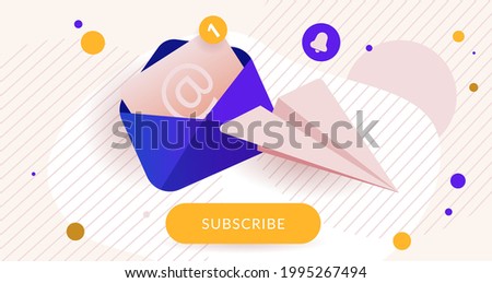 Newsletter subscription banner. Vector illustration for online marketing and business. Open envelope with letter and notification screen and paper plane. Template for mailing and newsletter.