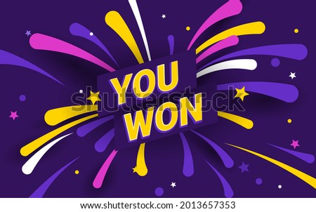 Win celebration illustration. Rich violet background with text you won and fireworks and stars on the background. Template banner for website, mailing or print.