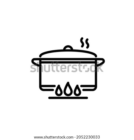 Vector pot with closed lid on stove line icon. Editable stroke. Minimal kitchen illustration. Stewpot pictogram with flames and fire.