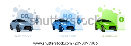 Gas station and car types vector illustration concept. Petroleum, hydrogen and electric cars comparisson with different emission types. Template for website banner, mailing, advertising campaign 