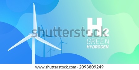 Green Hydrogen vector illustration concept. Alternative energy and fuel source. Wind turbine and text H2. Abstract background for website banner, advertising campaign or news article.