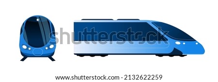 Modern train side and front view vector isolated illustration. Fast passenger and tourist vehicle for outside or subway. Set in flat style