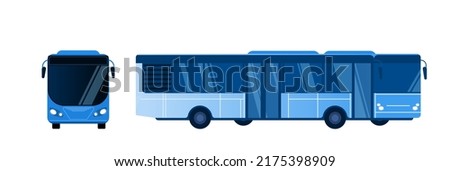 Modern bus side and front view vector isolated illustration. Fast passenger and tourist vehicle for city or intercity journey. Set in flat style