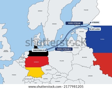 Europe map with gas pipeline from Russia to Germany and european union. Flat vector illustration concept. Nordstream. 