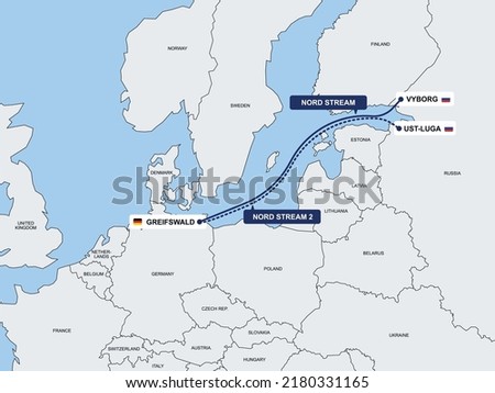 Europe map with gas pipeline from Russia to Germany and european union. Flat vector illustration concept. Nordstream. 