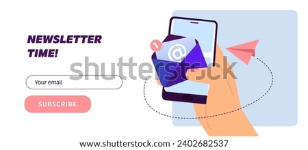 Newsletter subscription form. Vector illustration for online marketing and business. Hand with smartphone and envelope, paper planes. Template for mailing and newsletter.