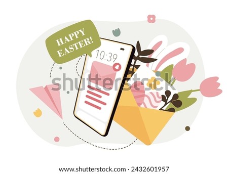 Paper envelope filled with spring flowers, tulips, leaves behind of phone screen with happy easter message. Floral invitation with eggs and bunny ears. Easter vector illustration template.