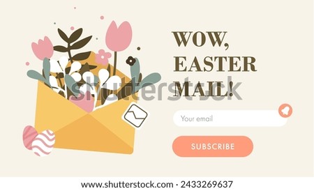Easter newsletter and signup banner. Vector illustration template. Paper envelope filled with spring flowers, tulips, leaves and branches in calm pastel tones. Floral invitation with easter eggs