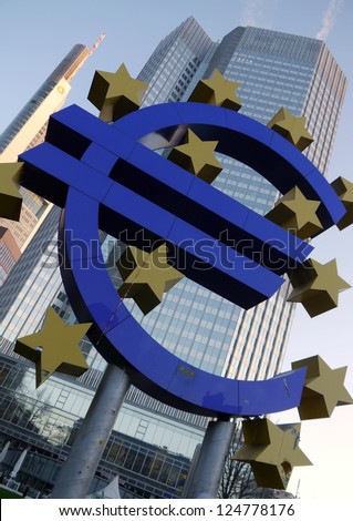 FRANKFURT, GERMANY - JANUARY 13: the Euro sign outside the European Central Bank (ECB) on January 13, 2013 in Frankfurt. The ECB is building new premises in Frankfurt, due for completion in 2013.