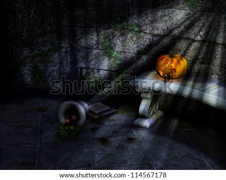 Pumpkin on a stone bench near a broken vase
