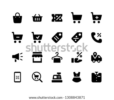 Simple Set of E Commerce Related Vector Glyph Icons. Contains such Icons as shopping bag, discount, store, label and More. pixel perfect vector icons based on 32px grid. Well Organized and Layered