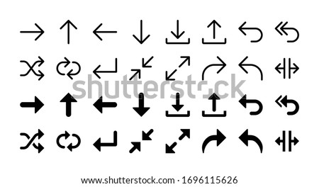Simple Set of Arrows Vector Glyph and Line Icons including right, up, left, down, download, upload, back, repply, shuffle, loop, enter, minimize, enlarge, forward, split