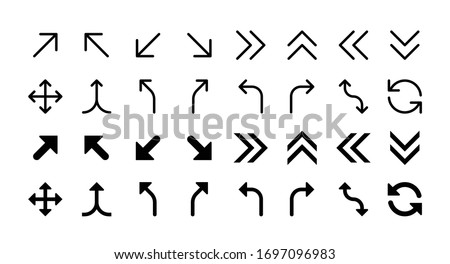 Simple Set of Arrows Vector Glyph and Line Icons including diagonal, double right, up, left, down, drag, merge, left curve, turn left
