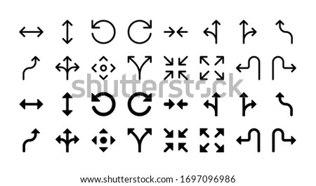 Simple Set of Arrows Vector Glyph and Line Icons including expand, refresh, minimize, two way, three way, navigation, diverge, collapse, maximize, left curve, right curve