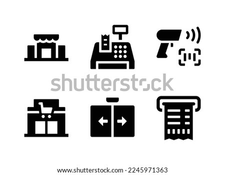 Simple Set of Supermarket Related Vector Solid Icons. Contains Icons as Store, Cashier Machine, Bar code Scanner and more.