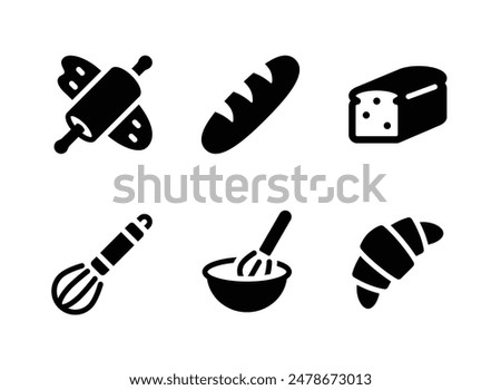 Simple Set of Bakery Related Vector Solid Icons. Contains Icons as Dough Roller, Baguette, Bread Loaf and more.