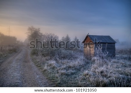 The photo shows autumn frosty sunrise and a lone hut. Photo taken on: 16.10.2010 Ã?Â¢?? 7:44:07