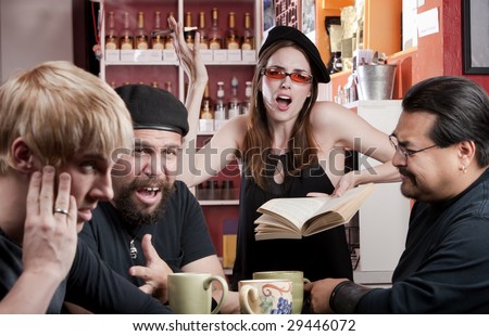 Three men listening to bad female poet with smoky cigarette in a coffee house