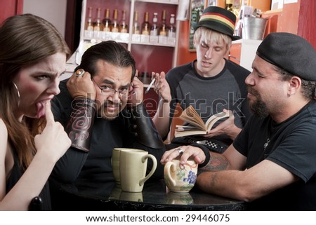 Three friends listening to bad male poet with smoky cigarette in a coffee house