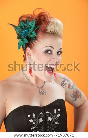 Happy Young Caucasian woman in bodice and unique hairdo
