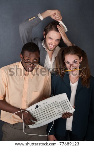 Computer geek, salesman combing his hair and a cross-eyed nerd
