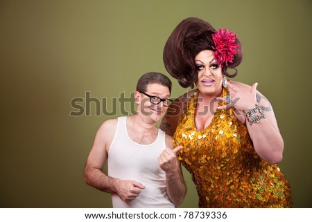 Caucasian man with drag queen on green background