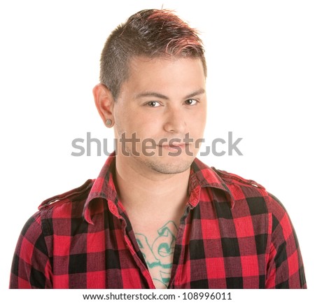 Smirking Mexican man with spiky dyed hair over white