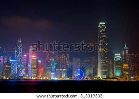 HONG KONG - FEBRUARY 07, 2015: Stunning Light show in Hong Kong on February 07 2015 in Hong Kong. This city is renowned because is one of the World\'s leading international financial centres.