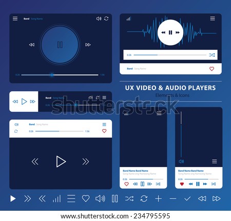 set of UX audio and video player templates in vector with design elements and icons