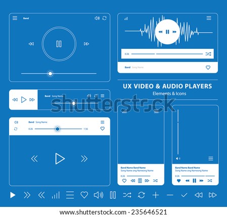 blueprint set of UX audio and video player templates in vector with design elements and icons