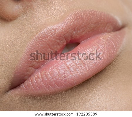 Natural lips. Close up shoot of young beautiful girl with perfect skin: makeup mouth zone. Lips.