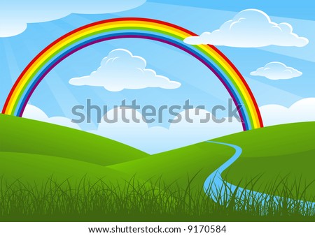 Summer landscape with rainbow and river