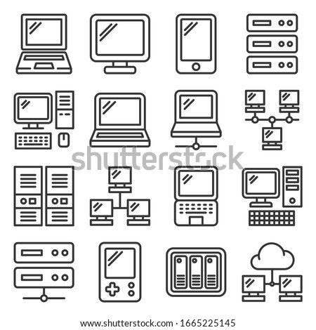 Computer Hardware Icons Set on White Background. Line Style Vector