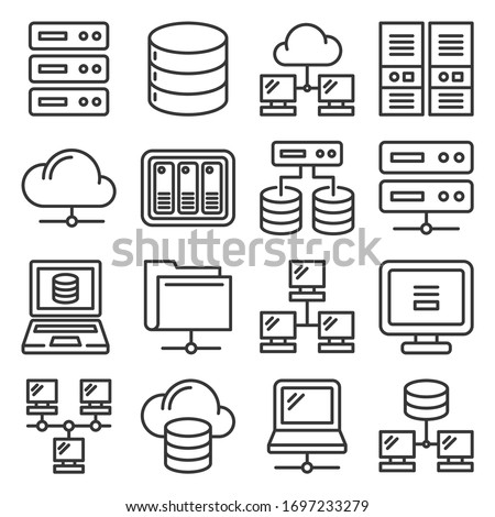 Server, Internet and Network Icons Set on White Background. Line Style Vector