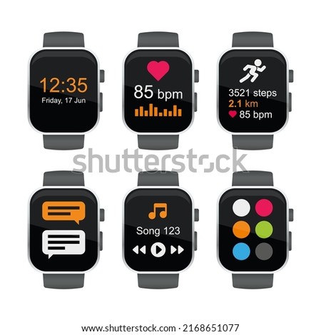 Smart Watch Set with Different Applications. Vector illustration