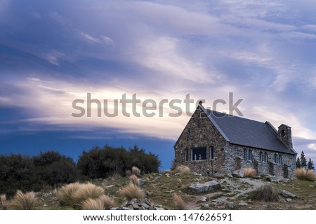 sunset at the church of the good shepherd, Lake Tekapo, Canterbury, New Zealand