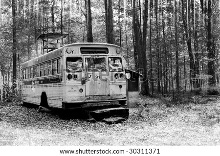 Old School Bus in forest Black and White