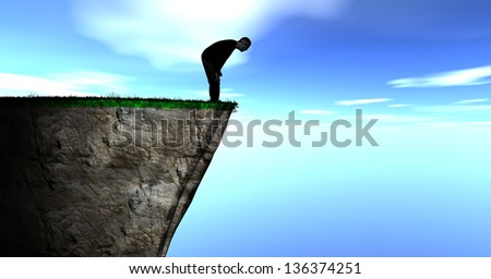 Illustration of a Silhouette of a Guy Looking over a Cliff against a blue cloudy sky