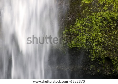 Closeup of the Multnomah Falls in the National Scenic Area of the Columbia River Gorge of Oregon