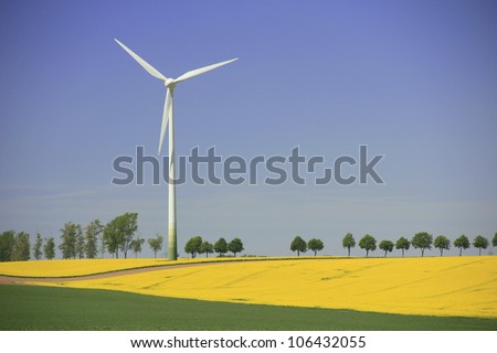 Wind turbine in a blooming canola field in Saxony, Germany