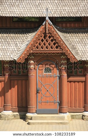 door at the nordic wood church in Hahnenklee-Bockswiese, near Goslar, Lower Saxony, Germany
