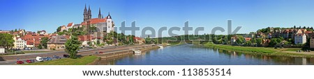 Panoramic view across the Elbe river to the old town of Meissen wtih Cathedral, former Bishops Castle and Albrechts Castle
