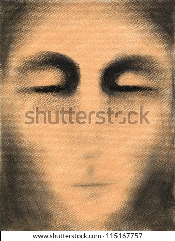 hand drawn portrait of a strange, sad looking man, in dark shades, using chalk pastel