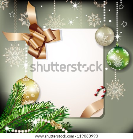 Christmas Fir Tree With Banner , Ribbon And Christmas Decorations Stock