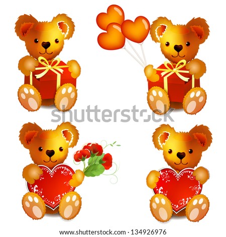 Teddy Bears with heart,flowers, balloons and gift