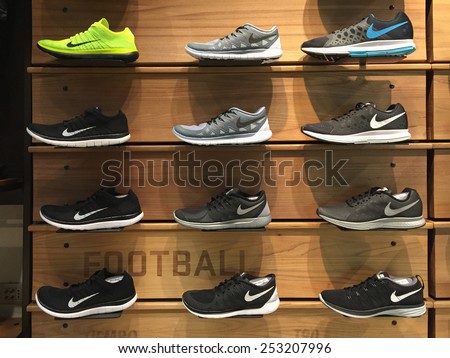 BOLOGNA, ITALY - FEBRUARY 16 2014: Exposition of nike sport shoes. Nike is one of the world's largest suppliers of athletic shoes and apparel. The company was founded on January 25, 1964.